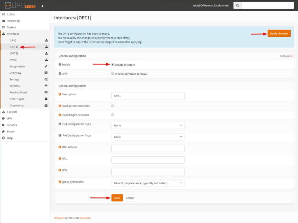 OPNsense interfaces OPT1