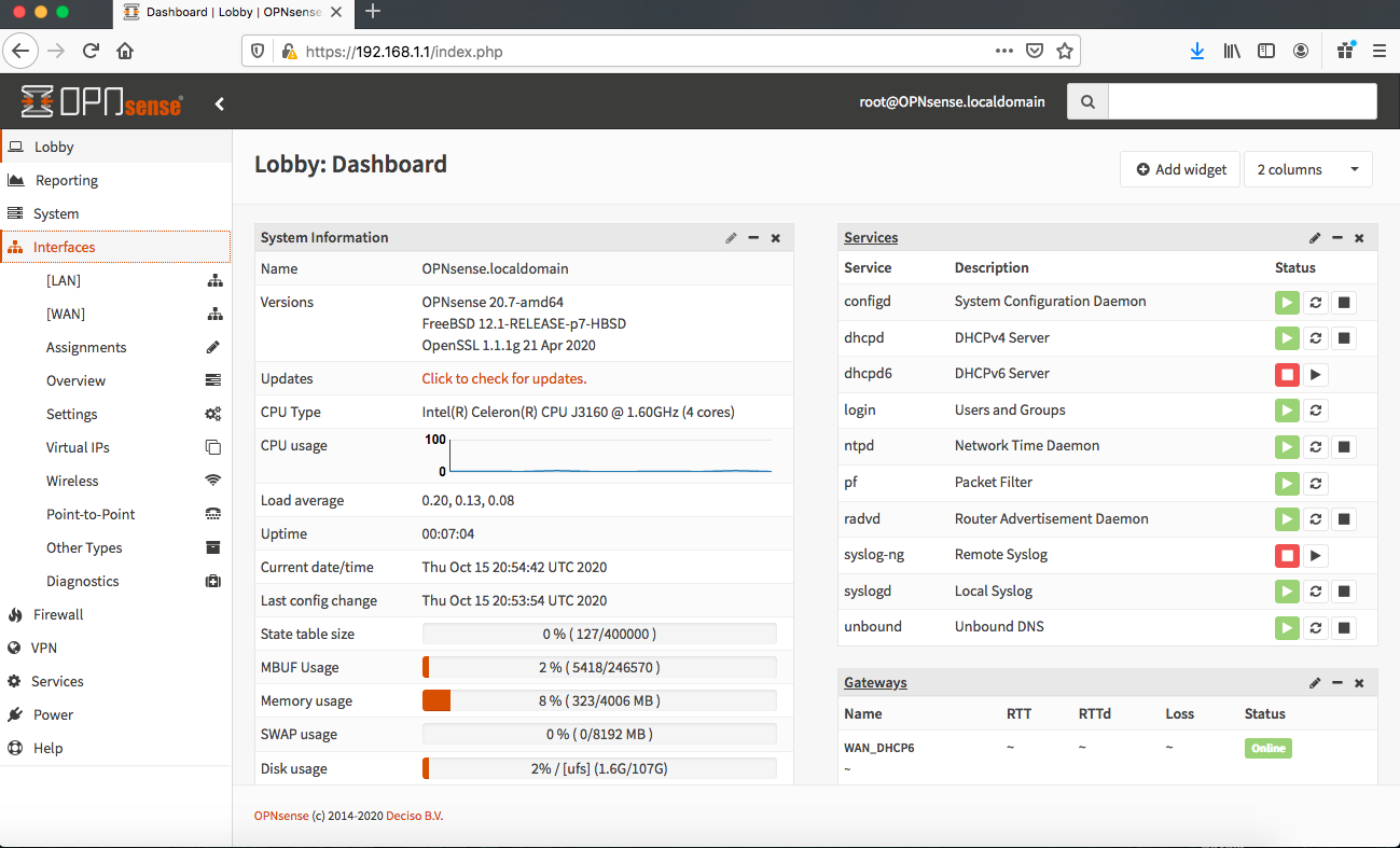 Screen Shot OPNsense Dashboard