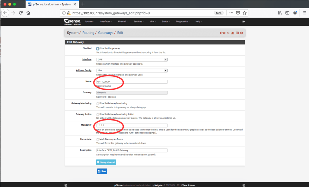 pfSense routing gateways OPT1_DHCP