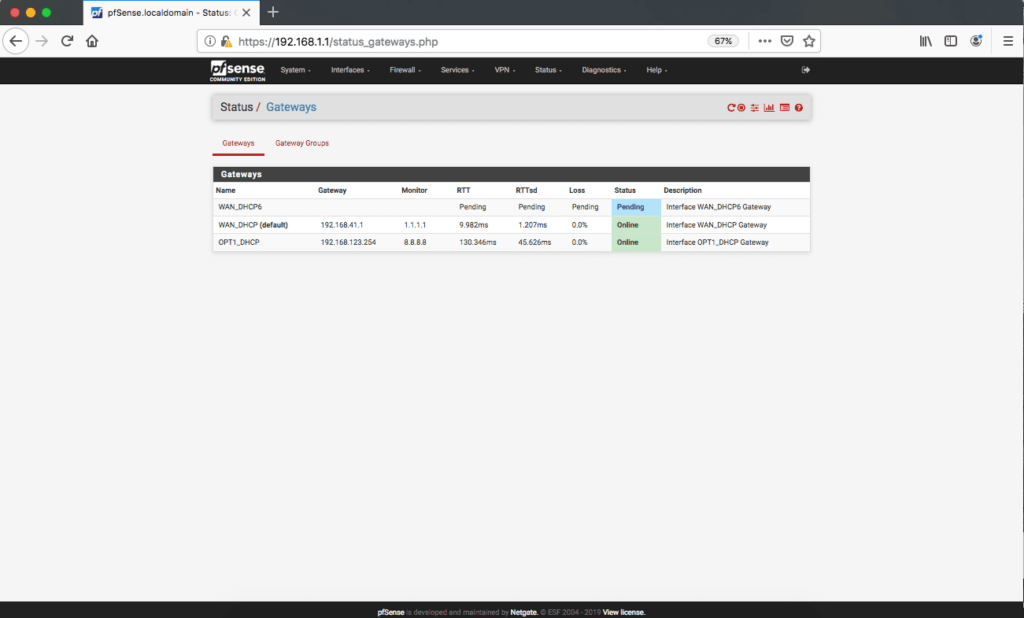 pfSense gateway status