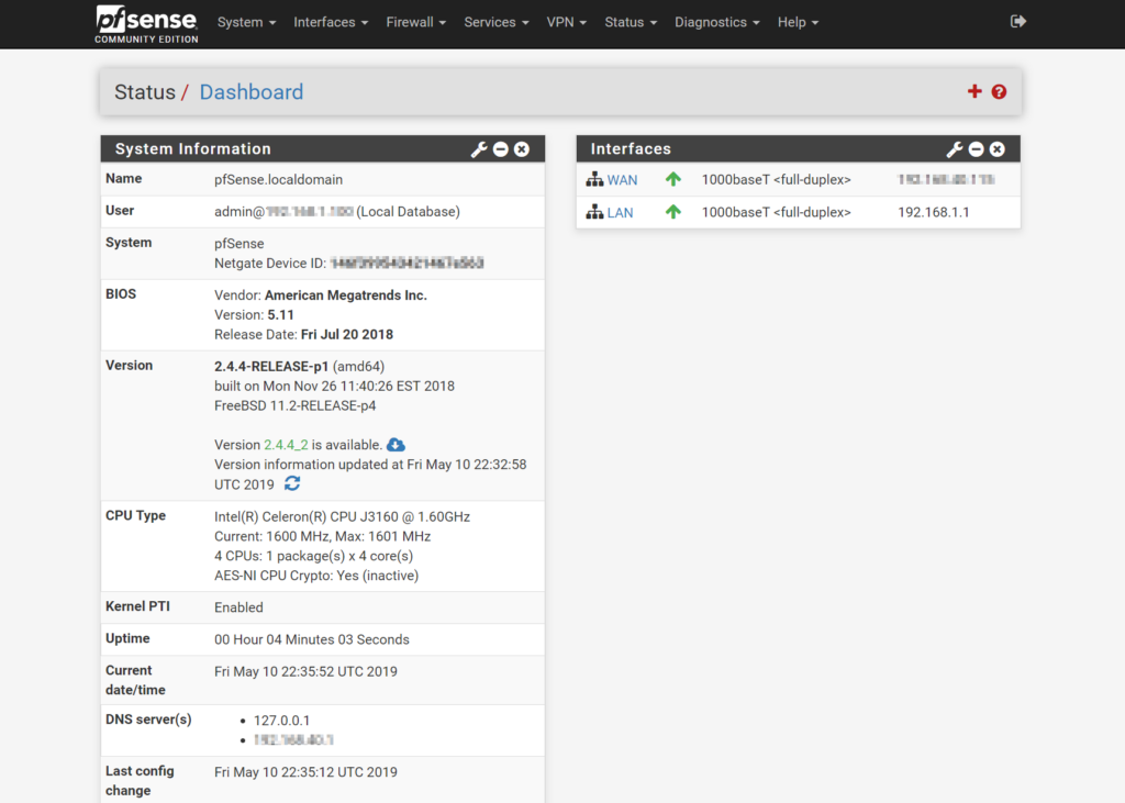 pfSense dashboard