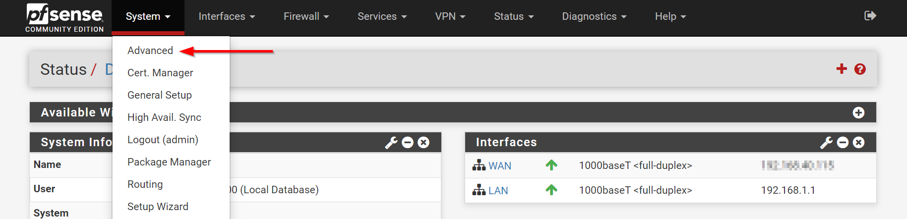 pfsense system advanced